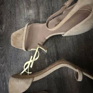 Saint Laurent Nude Suede Slingback Sandals with Gold Heel